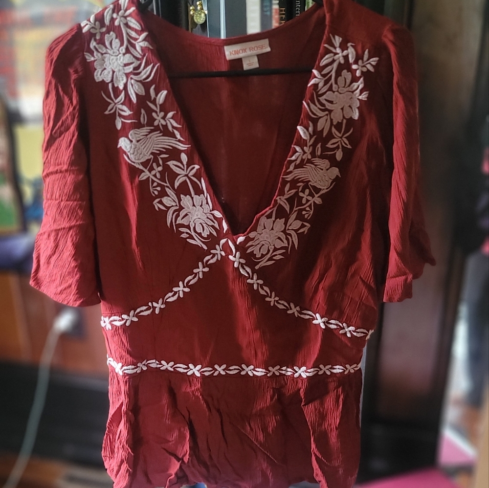 Knox Rose Burgundy Blouse with White Embroidery